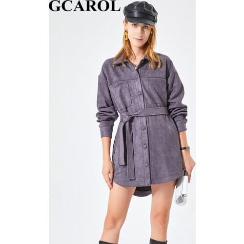 GCAROL Women Asymmetric Velvet Trench With Belt Single-breasted Drop Shoulder 2 Pockets Loose Medium Length Spring Autumn Winter