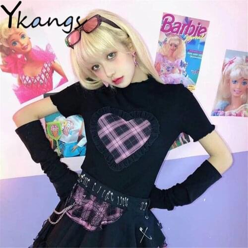 Harajuku Dark Style Vintage Heart Plaid Lace T-Shirt Black Cool Girl Tops Summer Fashion Plus Size Short Sleeve Slim Streetwear