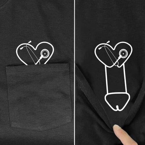 Cotton Pocket T-Shirt Fashion Brand Summer Pocket Medicine Heart Other Side Printed T-shirt Funny Cotton Tee Tops Drop Shipping