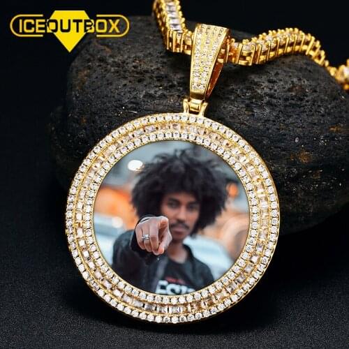 ICEOUTBOX Custom Circle Photo Medallions Necklace 3 Row Crystal Cubic Zircon Pendant Mens Hip Hop Jewelry Top Quality Fashion