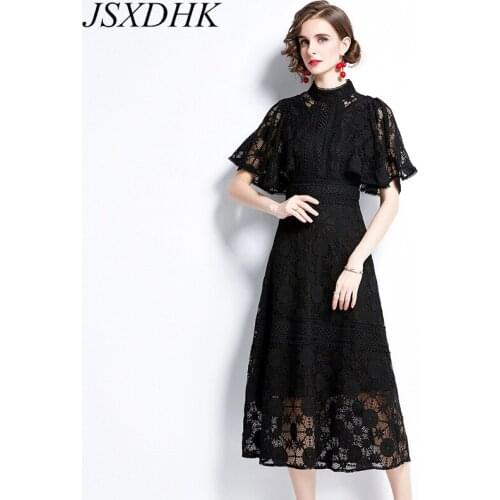JSXDHK Elegant Women Lace Black Party Dress 2021 New Summer Stand Collar Butterfly Sleeve Hollow Out Sexy Hook Floral Long Dress