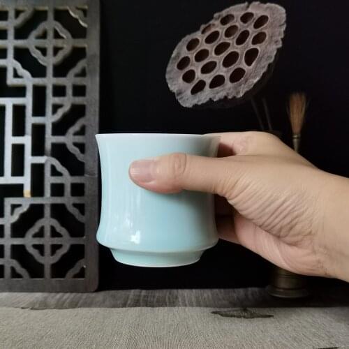 Chinese Teacup Flat Cup 5.5oz Coffee Mug Creative Ceramic Cup of Tea Handmade Celadons Porcelain Drinkware Glaze Pottery