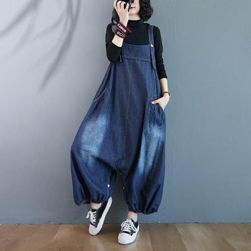Spring Bleached Denim Rompers Overalls Suspenders Loose Crotch Drop Cowboy Strap Jeans Long Jumpsuits Women macacao feminino New