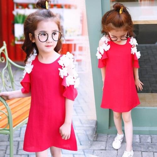 2017 Summer Girls Red Strapless Dress Flower Princess Dress clothing 4-14T