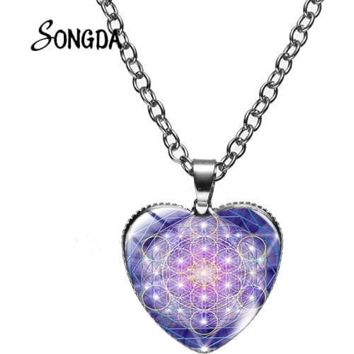 Newest Mysterious Metatron Cube Heart Necklace Women Cute Glass Magic Hexagram Pendant Choker Jewelry Fashion Men Gifts Charms