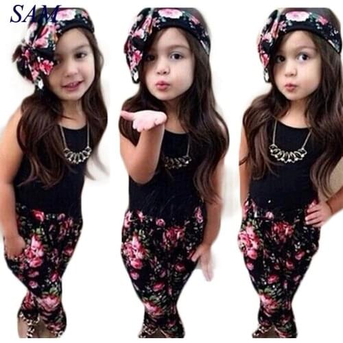 Hot summer baby girls clothes vest t-shirt + flower pants + headband pattern style baby suit for baby kids girls clothing sets
