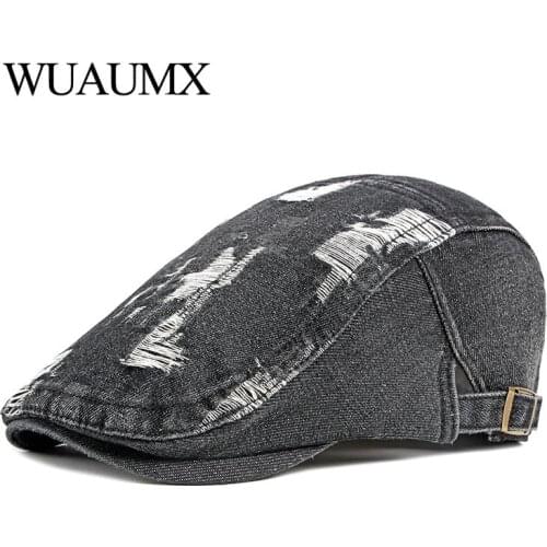 Wuaumx Unisex Retro Casual Mens Hats Denim Berets Hat Women Washed Cotton Duckbill Visors Herringbone Flat Caps Spring Summer