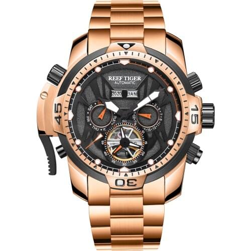 Reef Tiger Luxury Men Automatic Watch,Mens Watches Waterproof Self Wind Mechanical Wristwatch Luminous Sapphire Steel Strap