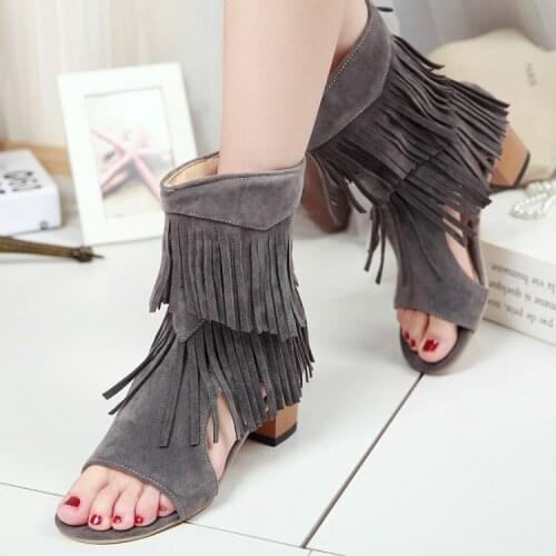 Big Size high heels sandals women shoes woman summer Fish-mouth hollow high-heeled fringed sandals
