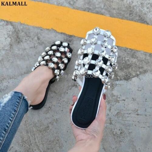 KALMALL Summer Women Casual Shoes Crystal Studded Mules Gladiator Caged Slippers Diamonds Flat Sandals Casual Slides Amelia