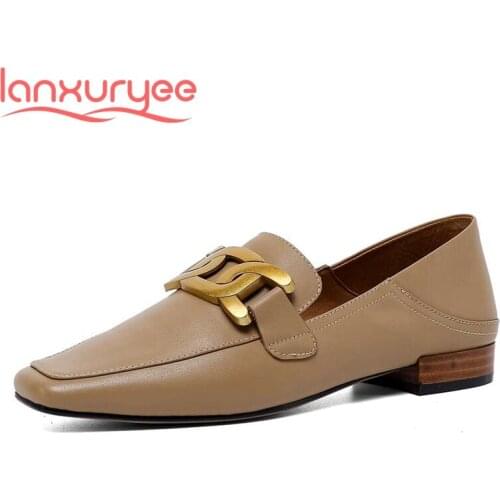 Lanxuryee genuine leather square toe low heel metal decoration gladiator retro deep mouth slip on soft spring women pumps L84