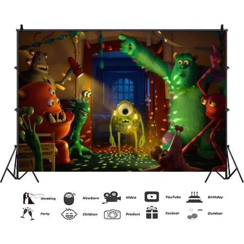 Little Green Horned Monster Backdrop Birthday Baby Shower Root Photo Background Peculiar and Funny Vinyl Photocall Booth Props