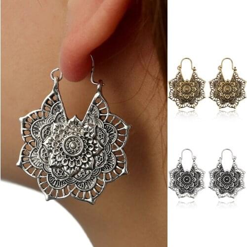 Vintage Ethnic Earrings Women Bohemian Alloy Piercing Dangle Earrings Mandala Flower Pendant Female Trendy Drop Earring Jewelry