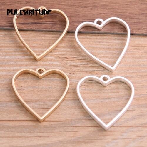 6pcs 20*34mm Two Color Polished Plated Alloy Jewelry Accessories Heart Charm Hollow Glue Blank Pendant Tray Bezel