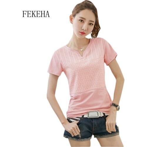 FEKEHA Women T-Shirt Cotton Summer White Embroidery Short Sleeve Tops Tees Shirt Femme Womens Cothing