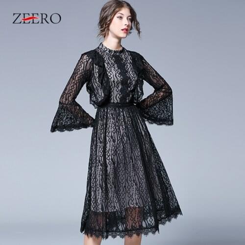 Women Spring Summer Hollow Out Flare Sleeve O Neck Ruffles Lace Dress Elegant Female Vintage Sexy Midi Party Dresses Plus Size