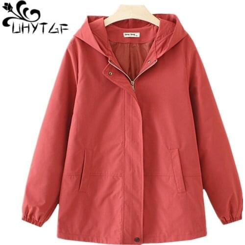 UHYTGF Women clothes fashion hooded casual spring autumn trench coat Korean loose especially female oversized windbreaker 1503