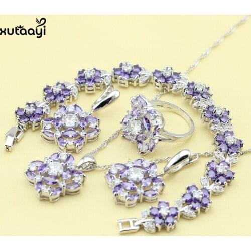 XUTAAYI Silver Color Jewelry Sets Purple Cubic Zirconia White Flawless Necklace/Rings/Earrings/Bracelet For women Free Gift
