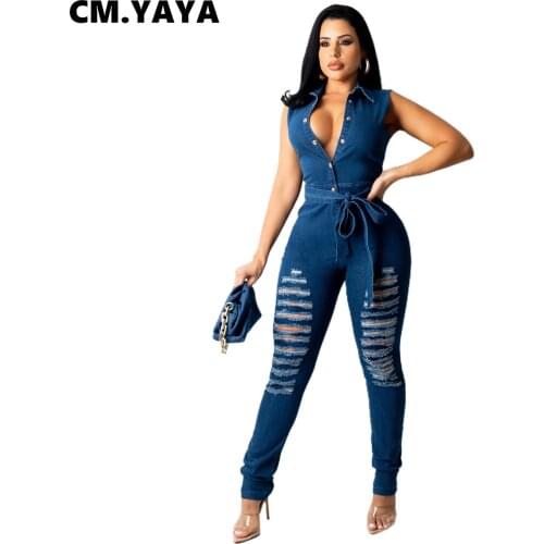 CM.YAYA Women Denim Jumpsuit Solid Bandage Sashes Pencil Jumpsuits Fashion High Streetwear Casual Rompers Summer Outfits 2021