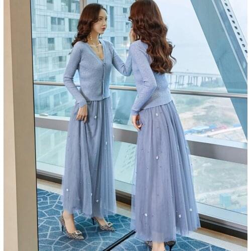 2021 Fashion Women New Elegant Long Sleeve Knitted Cardigan + Vest + High Waist Long Mesh Skirt Autumn Women 3 Pieces Set Q696