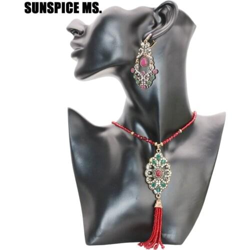SUNSPICE MS Turkish Women Ethnic Engagement Jewelry Sets African Beads Long Charm Necklace Red Dangle Hook Earrings Bijoux Femme