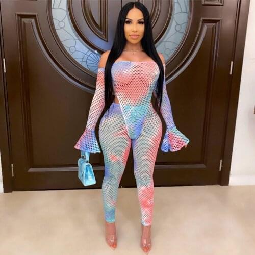 Adogirl Sexy Women Tie Dye Gauze Mesh See Through Set Off Shoulder Flare Sleeve Two Pieces Set Party Club Outfits Tracksuits