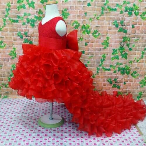 3-10T flower girl Trailing wedding dresses Girl high quality Tutu Mermaid dress V-neck big bow Princess long dress