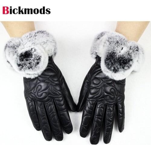 New womens sheepskin gloves Rex rabbit fur embroidery style velvet lining thick warm ladies finger leather gloves