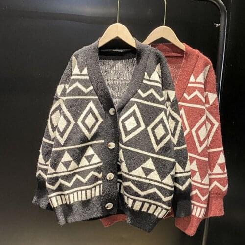 2021 Autumn Winter Knitted Female Cardigan Loose Streetwear Knit Sweater Coat Argyle Print O-Neck Knitted Cardigan Women Jacket