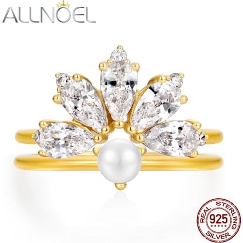 ALLNOEL Silver 925 Jewelry 9K Real Gold 5A Zircon Diamond Real Pearl Designer Jewelry DIY Handmade Bridal Stackable Ring Set