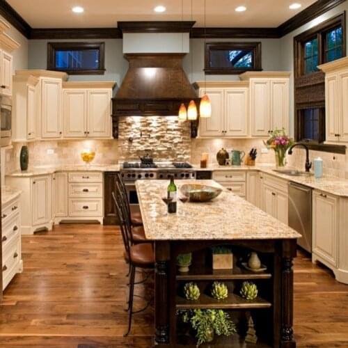 American Classic U-Shaped Kitchen With Raised-Panel Beige Cabinets Granite Countertops Double-Bowl Sink Kitchen Cabinet