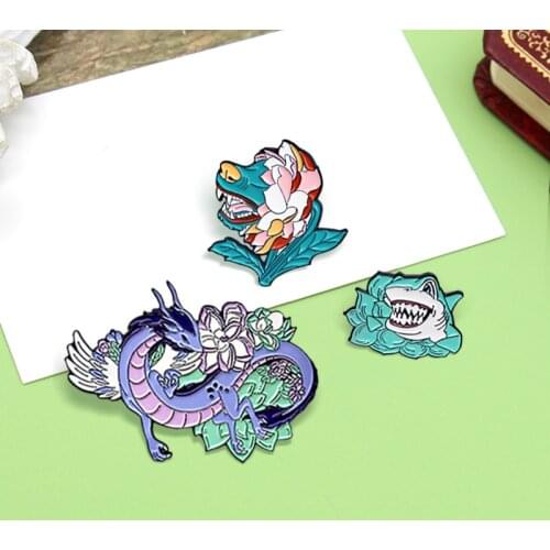 Flying dragon Wolf Dog Shark Flower Animals Enamel Pin Fairy tale Brooches backpack Lapel Badge Cute Lotus Animals Jewelry Gift