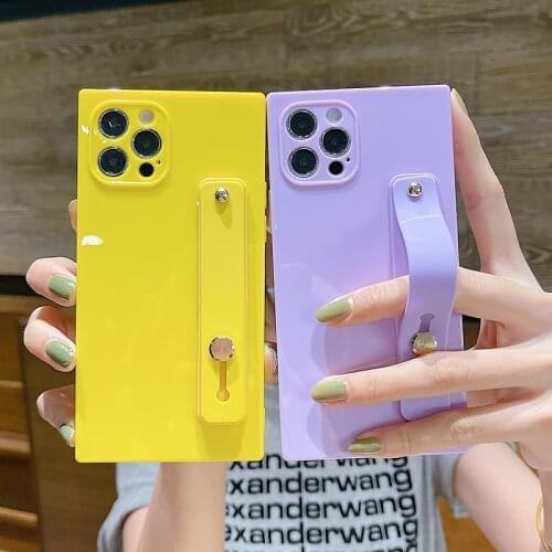 Candy Color Square Glossy TPU Soft Phone Case For iPhone 12 Pro Max 11 X XS Max XR Wrist Band Holder Back Cover