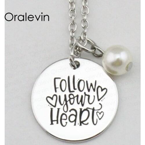 FOLLOW YOUR HEART Inspirational Hand Stamped Engraved Custom Pendant Link Chain Necklace Gift Handmad Jewelry,10Pcs/Lot, #LN2284