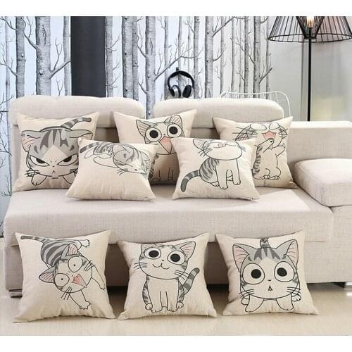 1PC Cute Cat Cushion Customized Linen Cotton Pillow with Core Home Sofa Decorative Cotton Throw Decor OU 032