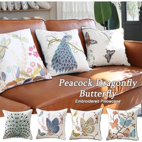 Exquisite Embroidery Peacock Butterfly Cushion Cover American Pastoral Style Pillow Cover Cotton Home Living Room Sofa Decor