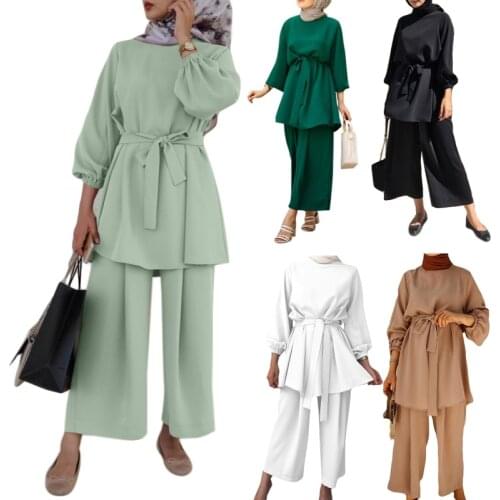 Women Muslim Summer 2 Piece Outfits Set Long Sleeve Belted Tunic Tops Wide Leg Loose Pants Solid Color Dubai Kaftan Hijab Turkis