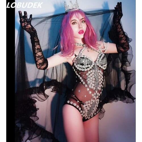 Bar Nightclub Performance Dance Costume Women Black Mesh See Through Rhinestones Bodysuit Party Festival Rave Show Stage Outfit