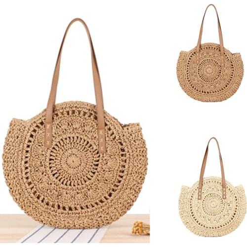 Summer Round Straw Bags for Women Rattan Shoulder Bag 2021 New Handmade Woven Beach Handbags Female Message Handbag Totes Bag