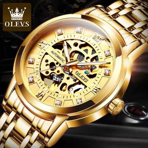 OLEVS 9901 Brand Mens Automatic Mechanical Hollow Watch Luxury Fashion Casual Watch Gold Mens Steel Band Waterproof Watch