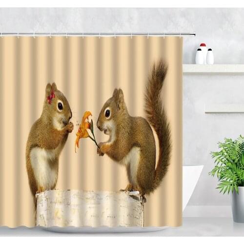 Cute Squirrel Shower Curtain Set Funny Animal Orange Flower Pattern 3D Print Waterproof Cloth Home Decor Hooks Bathroom Curtains