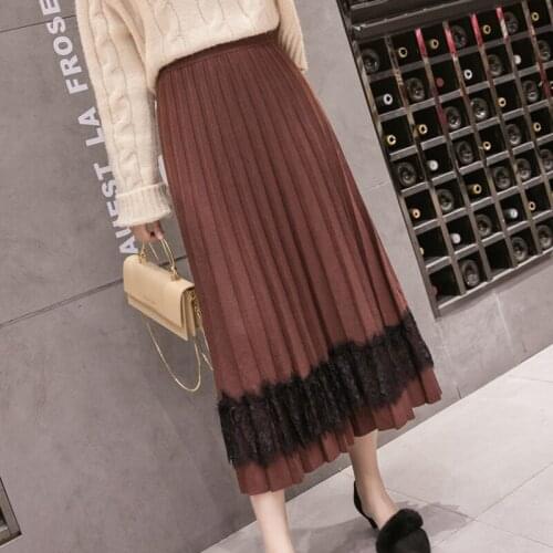 Autumn Winter Slim Long Skirts For Women Chic Lace Splicing Knitted Skirt Stretch High Waist Saias Female Bodycon Pleated Skirts