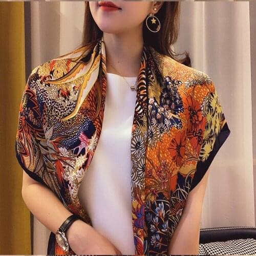 New 90X90CM Neckerchief Silk Hankies Scarves Fashion Summer Sunscreen Satin Kerchief Popular Print Beach Shawl Ponchos and Capes