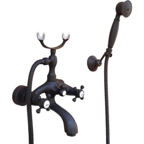 Bathroom Black Oil Rubbed Bronze Wall Mounted Clawfoot Tub Filler Faucet Handshower Double Cross Handles atf567