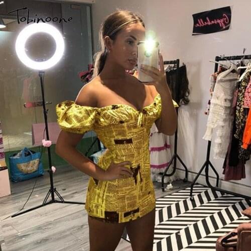 Tobinoone Fashion Letter Printing Sexy Dress Women Slash Neck Mini Dresses Female Party Night Club Vintage Backelss Summer Dress