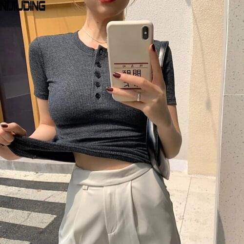 European American Style Slim Top Summer Short Sleeve O-Neck Button High Elastic T-Shirt Female Striped Cotton Sexy Pullover Tops