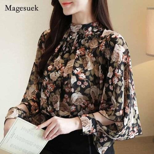 Vintage Blouse Women Floral Print Blouses Elegant Fashion Long Sleeve Shirt Women Tops Stand Collar Bat Sleeve Female Blusa 8281