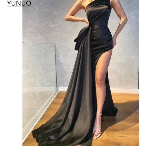 YUNUO Black robes de soirée Evening Celebrity Dresses Side Split Draped Party Prom Gowns With Sweep Train свадебное платье 2021