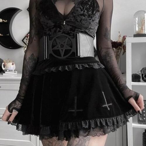 2021 Gothic Cross Black Skirt Vintage Lace Trim A Line Mini Skirt Y2K Aesthetic High Waist Ruffle Skirt Women Summer Clothes