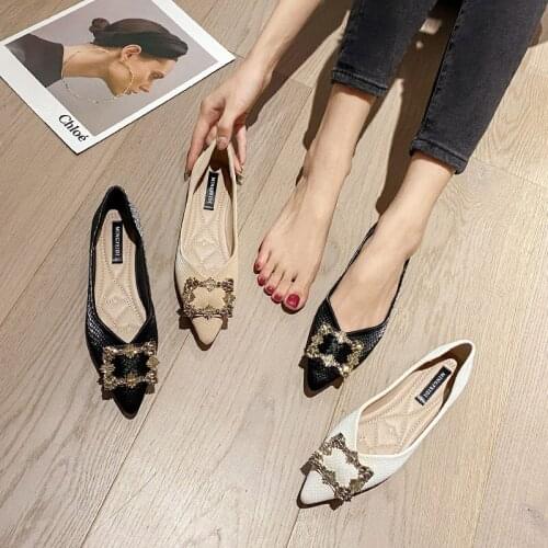 Womens Flat Shoes 2021 New Rhinestone Square Button Flat Shoes Soft Work Shoes Large Size Womens Shoes 41 42 43 Mujer Pisos